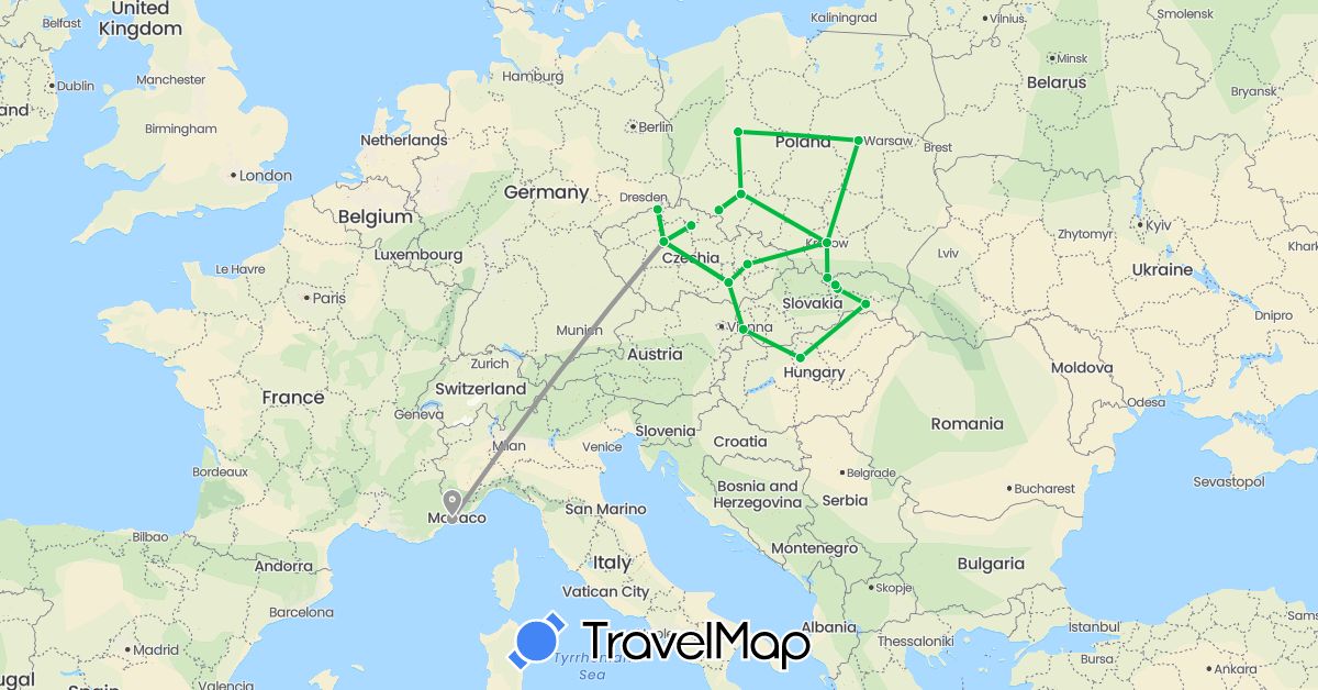 TravelMap itinerary: driving, bus, plane in Czech Republic, France, Hungary, Poland, Slovakia (Europe)