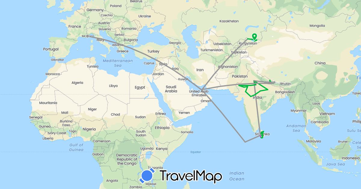 TravelMap itinerary: driving, bus, plane, train in United Arab Emirates, France, India, Kyrgyzstan, Sri Lanka, Maldives, Nepal (Asia, Europe)